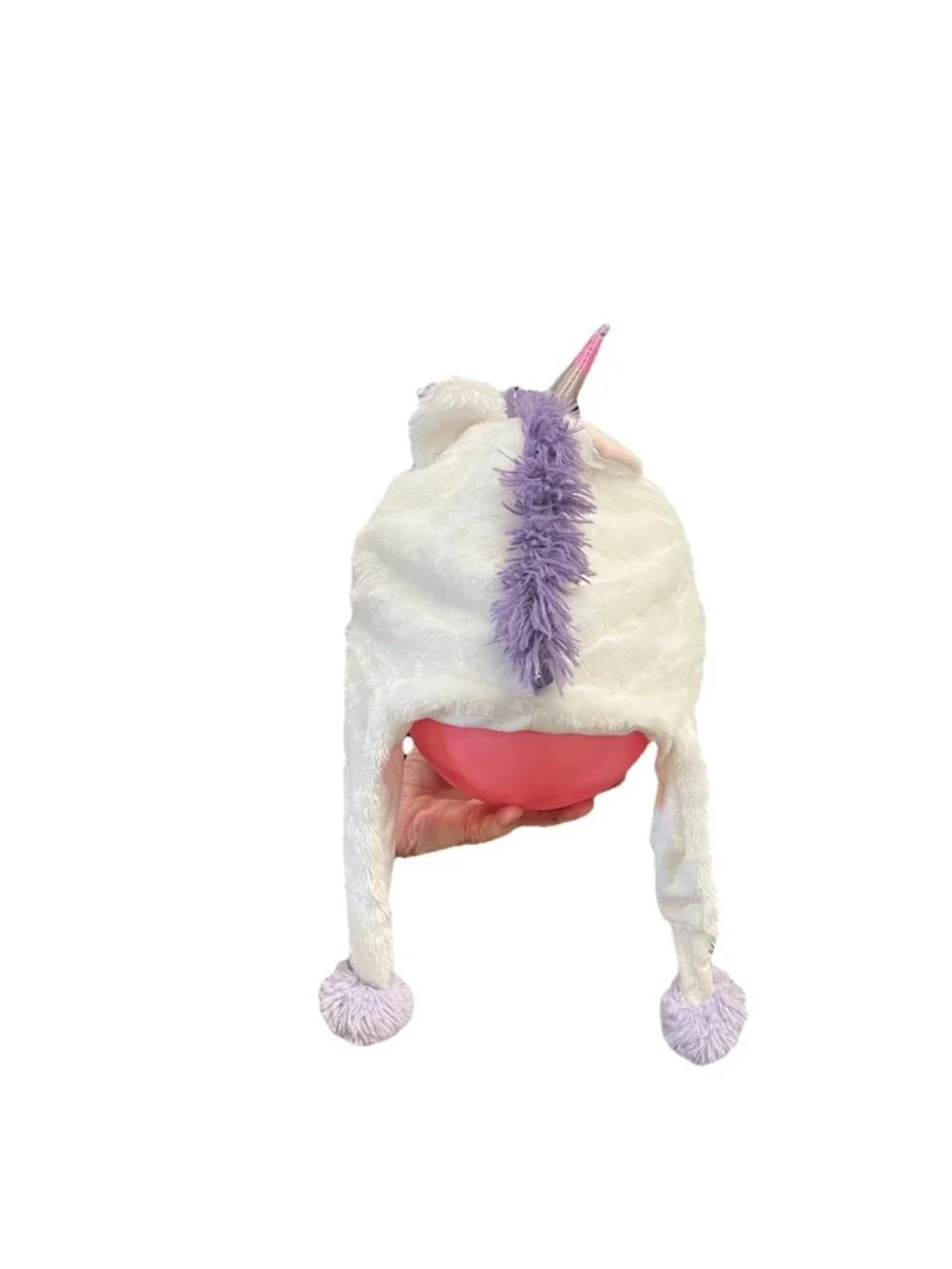 Plush Unicorn Hat with pom-pom ear flaps, whimsical, fun, playful